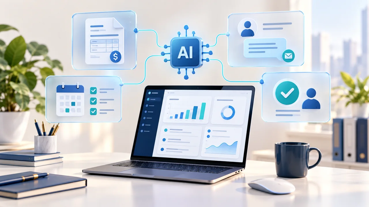 AI Business Automation illustration connecting quotations, customer enquiries, scheduling and human approval
