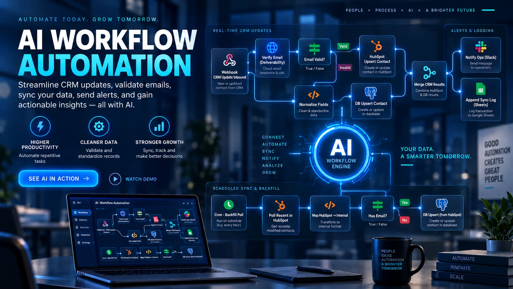 AI business automation workflow, CRM automation and process dashboard