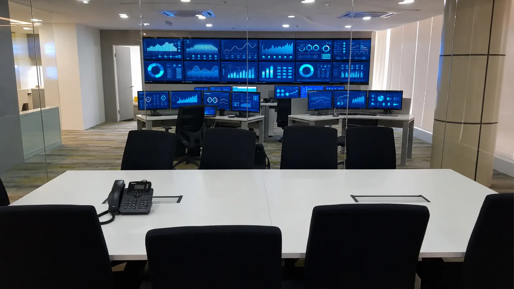 Anonymised PNSS command-centre installation with video wall and operator workstations