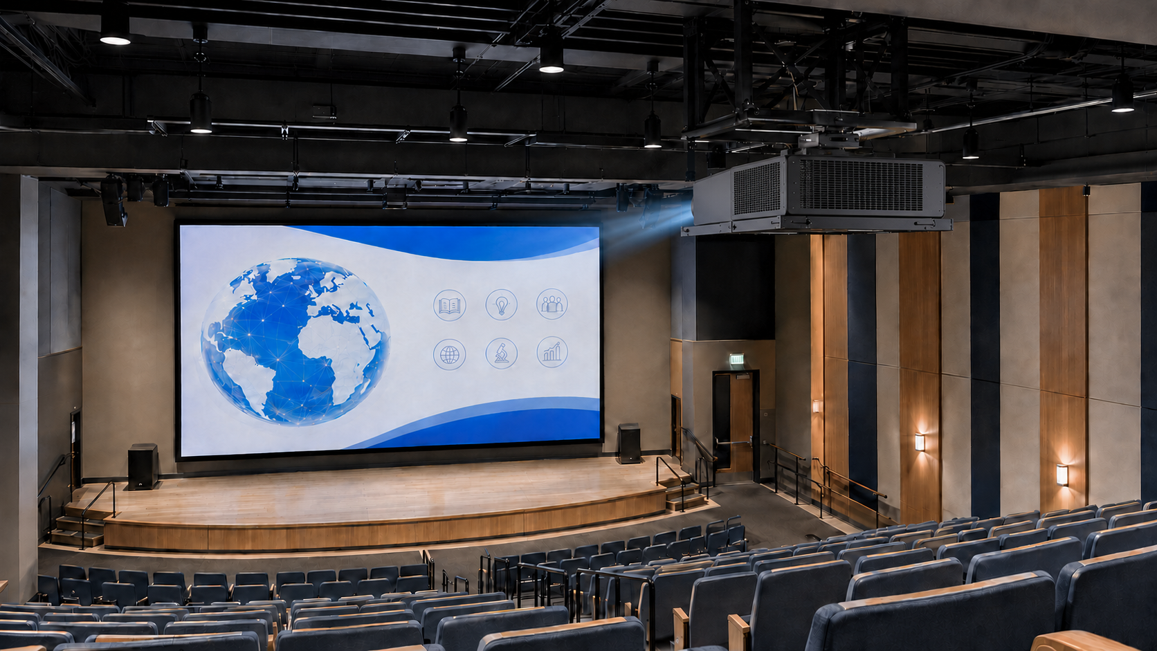 International-school large-venue projection with a ceiling-mounted high-brightness laser projector and tensioned screen