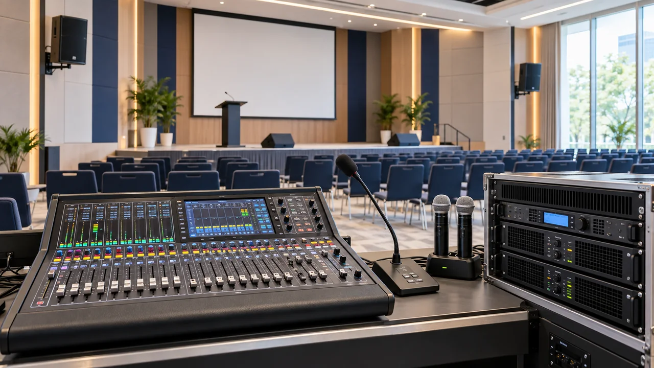 Illustrative professional PA system with a digital mixer, microphones, amplifier rack and hall loudspeakers
