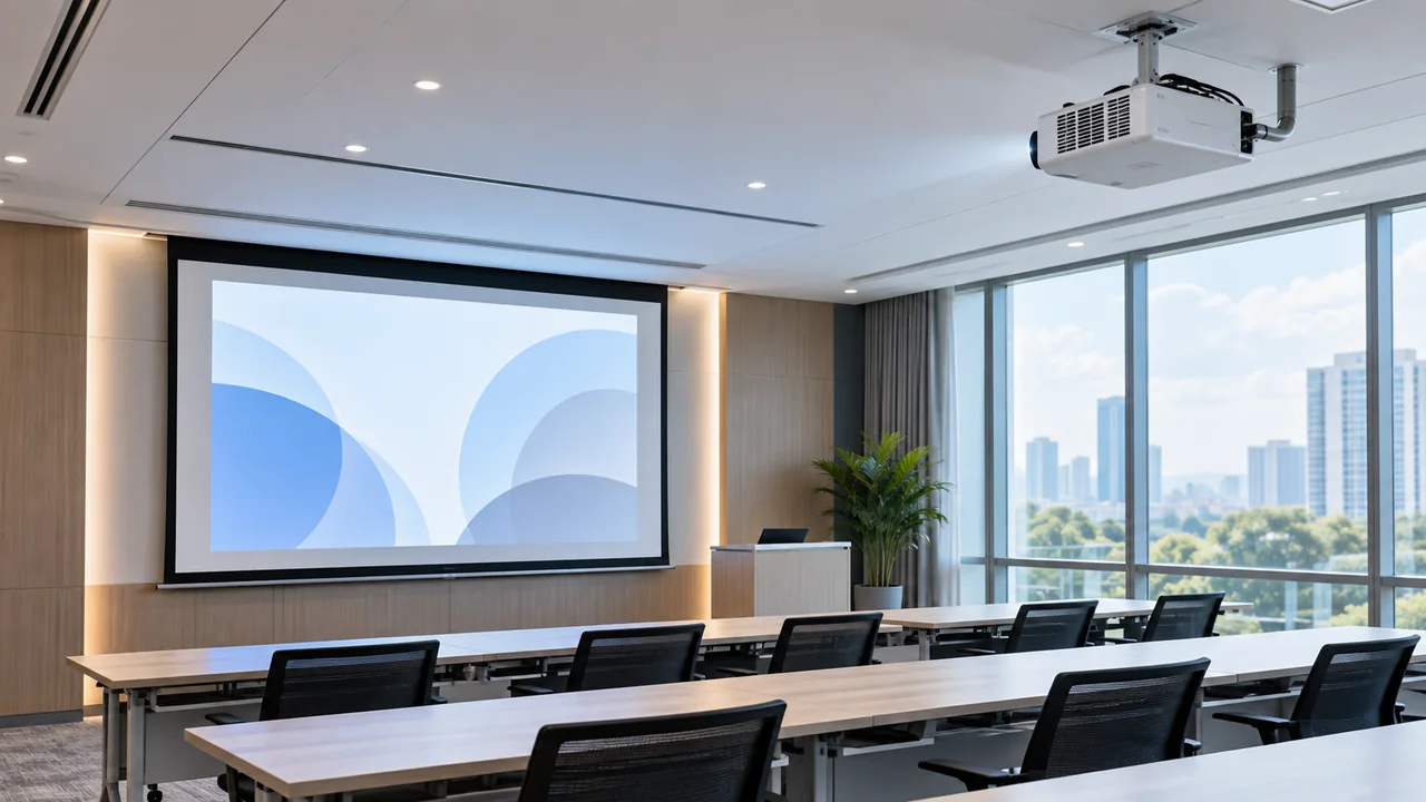 Illustrative training room with a ceiling projector lens facing the projection screen