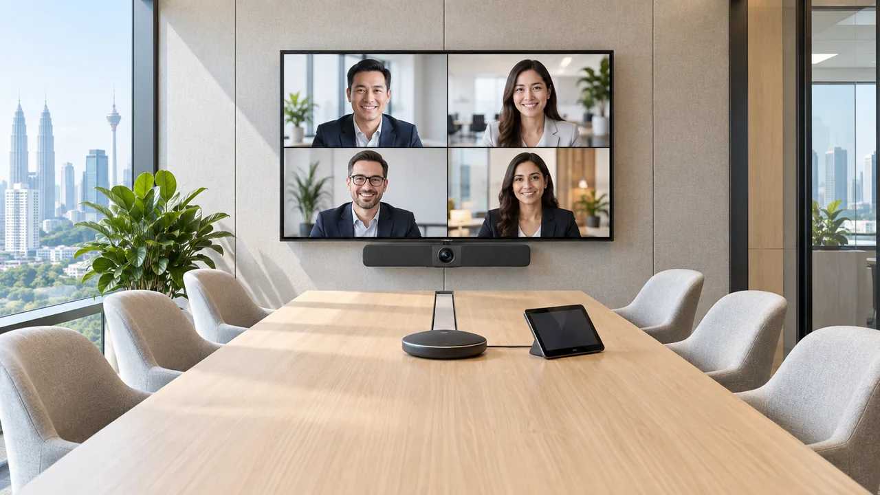 Illustrative bright hybrid meeting room with a video camera bar, speakerphone and touch controller